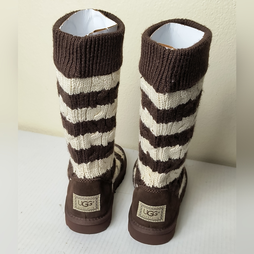 UGG Brown and Cream Striped Knit Tall Winter Boots
